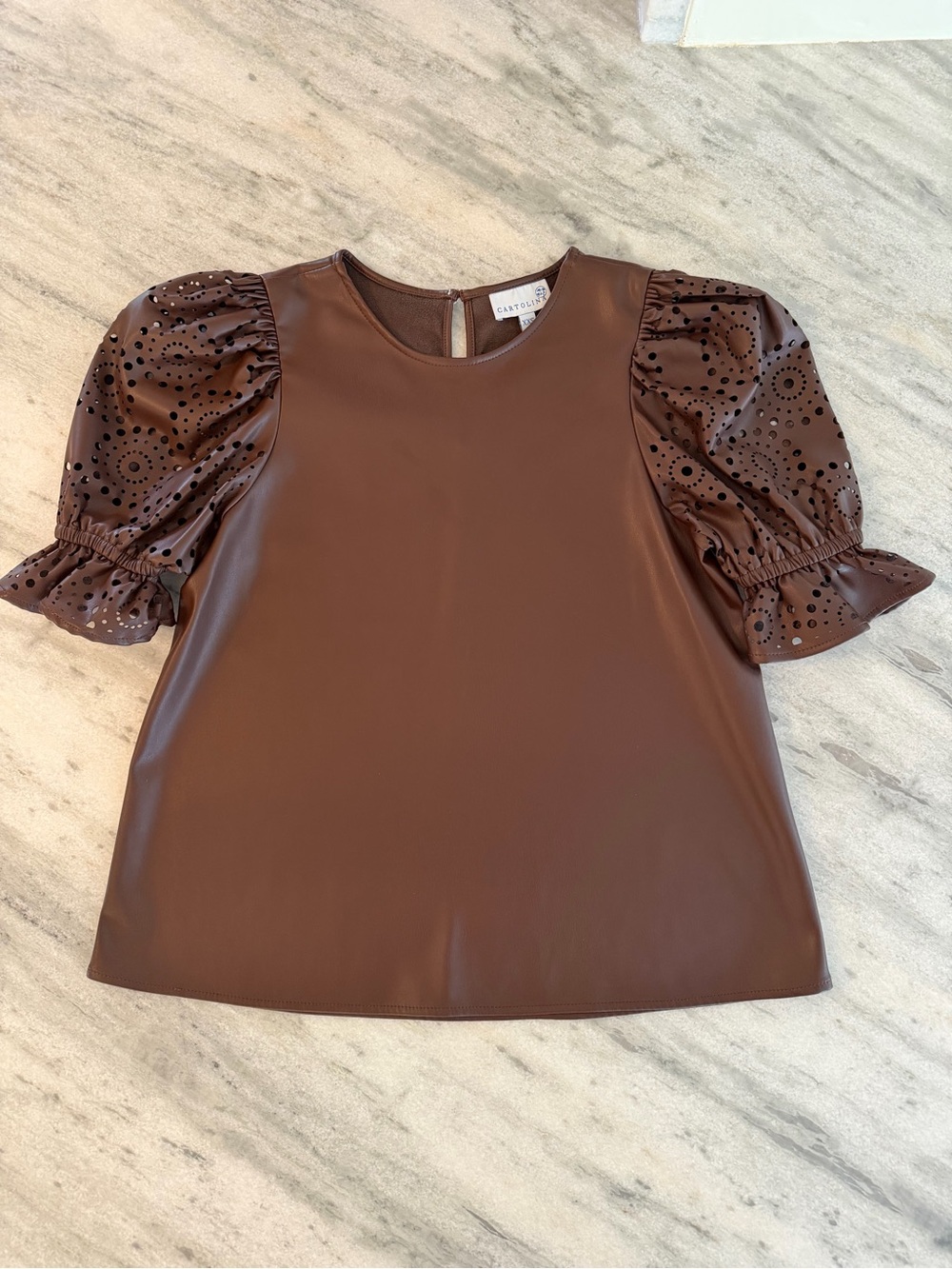 Cartolina Connie Anne Top in Brown Vegan Leather Puff Sleeve Top